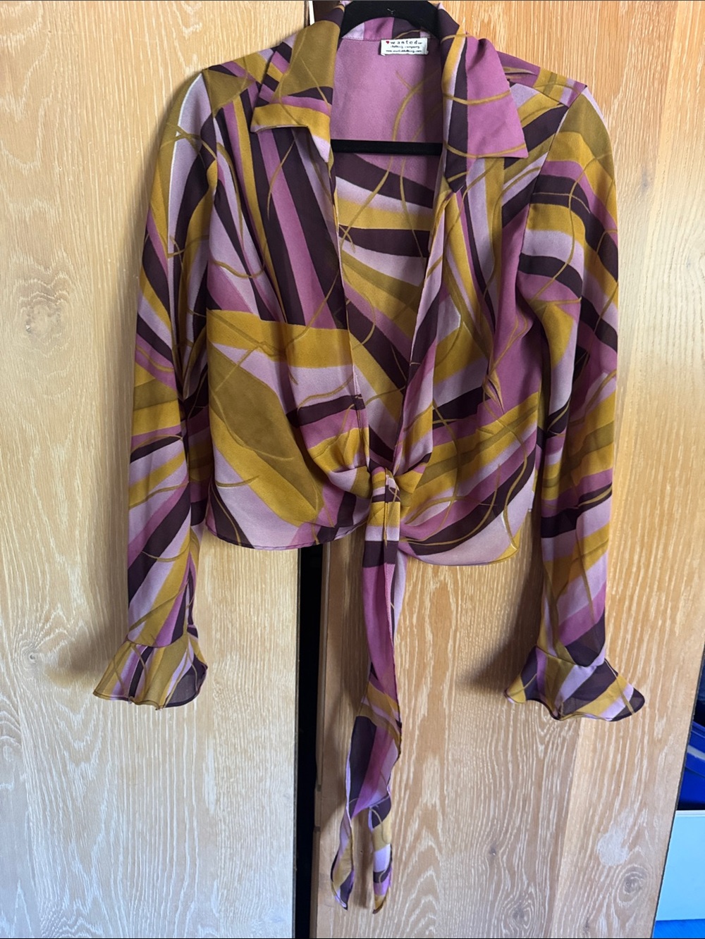 Wanted Pink, Mustard & Brown Abstract sheer Tie-Front Blouse